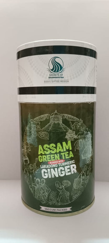 Image of Assam green tea blended with lakadong turmeric ginger reduces stress. It helps in losing weight and is a good source of vitamins and minerals.  Secrets of Brahmaputra sells natural, organic and healthy food that includes organic rice, spices, pickles, teas, bamboo products and other natural items from the North East of India. 