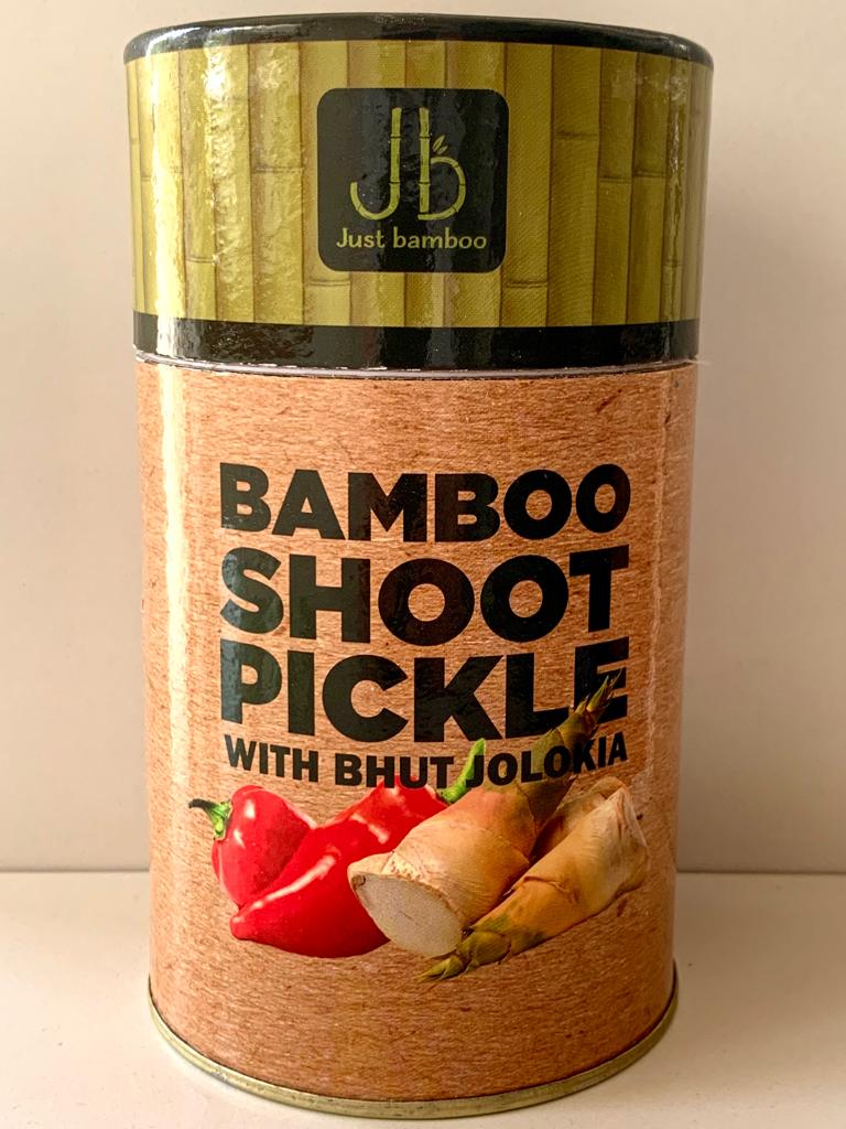 Image of Traditional Bamboo Shoot Pickle with Bhut Jolokia from the North East of India, made with Traditional quality ingredients.  Secrets of Brahmaputra sells natural, organic and healthy food that includes organic rice, spices, pickles, teas, bamboo products and other natural items.