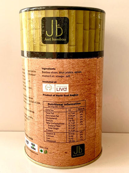 Image Traditional Bamboo Shoot Pickle with Bhut Jolokia from the North East of India, made with Traditional quality ingredients.  Secrets of Brahmaputra sells natural, organic and healthy food that includes organic rice, spices, pickles, teas, bamboo products and other natural items.