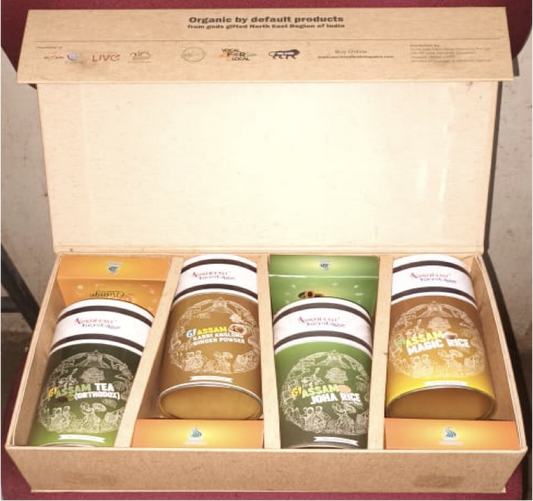 Image of Assam Gi Hamper.  Gi Assam Karbi Anglong Ginger Powder 100gm Gi Assam Joha Rice 330 gm Gi Assam Orthodox Tea 100 gm Gi Assam Magic Rice 330 gm Plus Four Fragrant Natural Soaps 100gm each Secrets of Brahmaputra sells natural, organic and healthy food that includes organic rice, spices, pickles, teas, bamboo products and other natural items.
