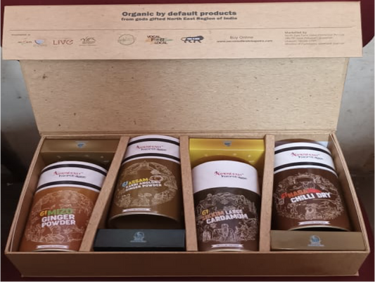 Image of North East Spice Gi Hamper.  Gi Mizo Ginger Powder 100 gm Gi Assam Karbi Anglong Ginger Powder 100 gm Gi Sikkim Large Cardamom 125 gm Gi Naga Chilli Dry 25 gm Plus Four Fragrant Natural Soaps 100gm each Secrets of Brahmaputra sells natural, organic and healthy food that includes organic rice, spices, pickles, teas, bamboo products and other natural items.